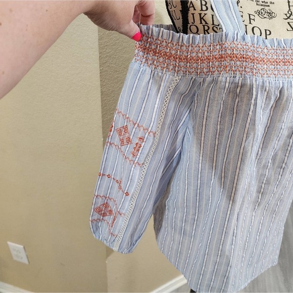 Rafaella cold shoulder embroidered floral striped boho shirt size large - Picture 2 of 8